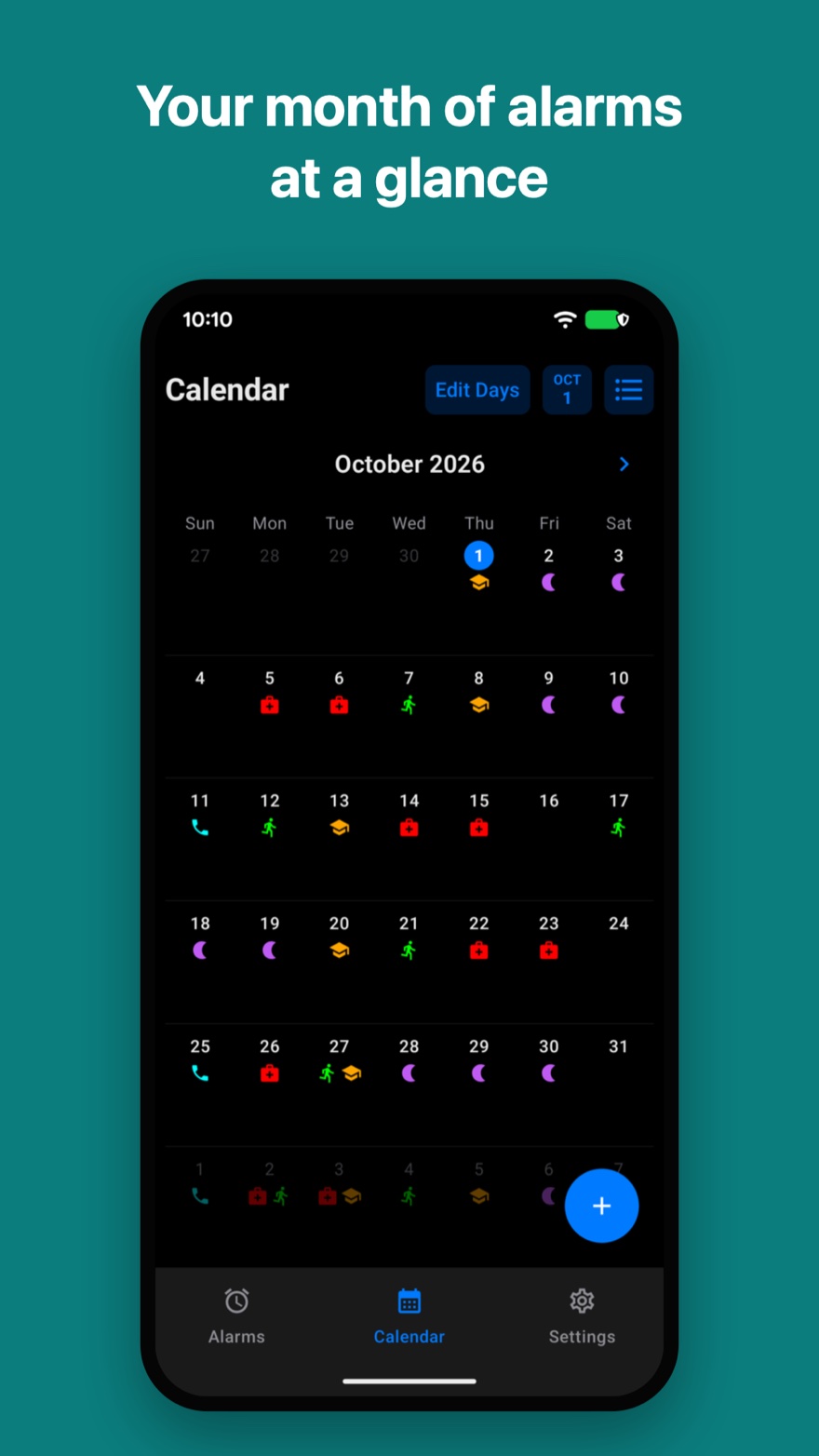 The calendar, with a dot on each day an alarm rings. Caption: Your month of alarms at a glance