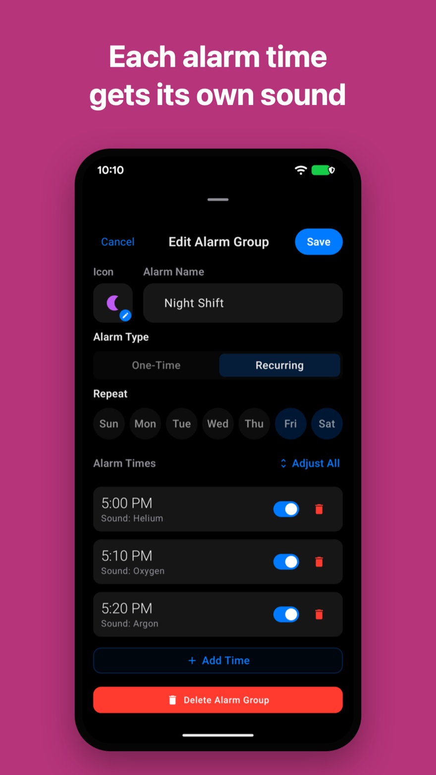 An alarm group with several times. Caption: Each alarm time gets its own sound