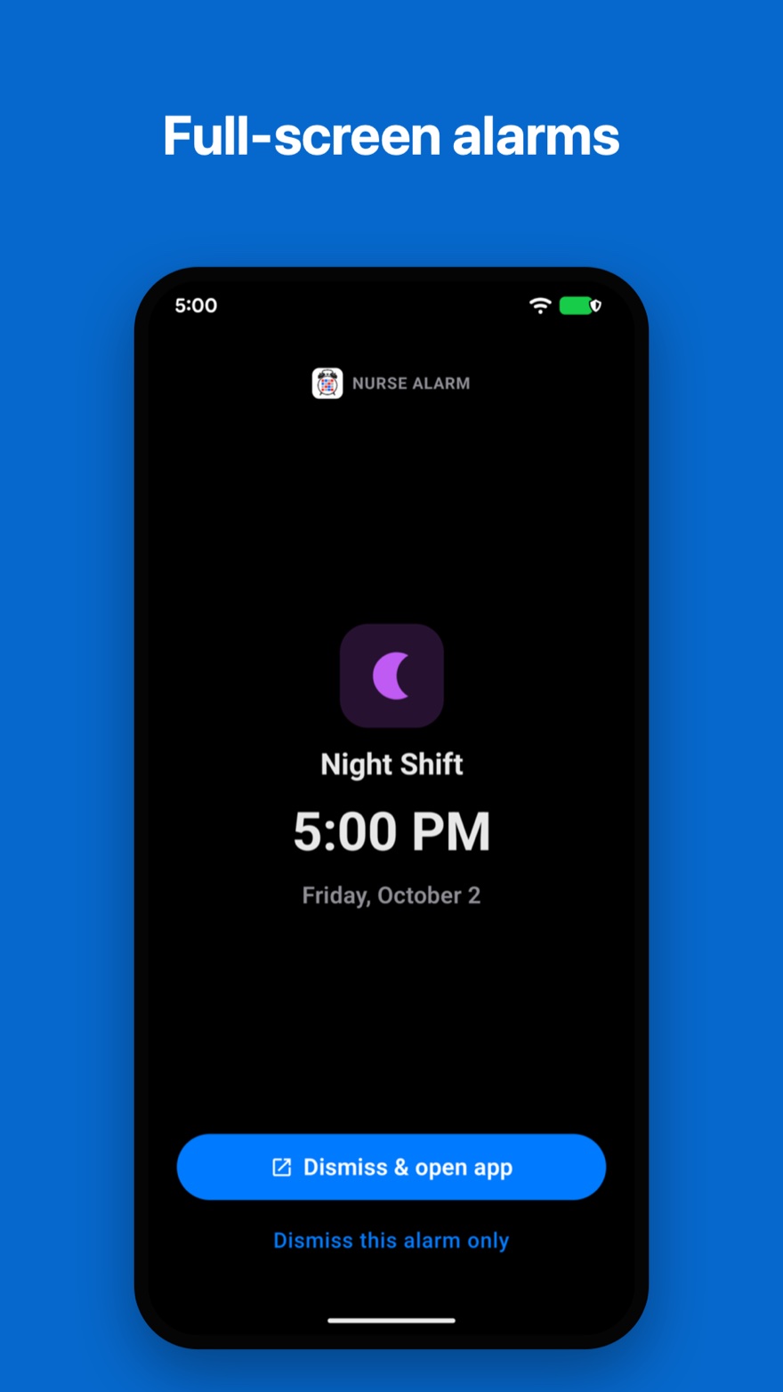 A full-screen alarm on a locked Android phone. Caption: Full-screen alarms
